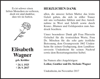 Traueranzeige von Elisabeth Wagner von Trauerportal Rhein Main Presse