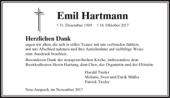 Traueranzeige von Emil Hartmann von  Usinger Anzeiger