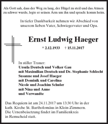 Traueranzeige von Ernst Ludwig Haeger von Trauerportal Rhein Main Presse