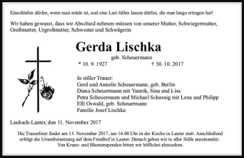 Traueranzeige von Gerda Lischka von  Gießener Anzeiger