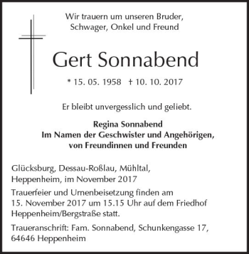 Traueranzeige von Gert Sonnabend von Trauerportal Echo Online