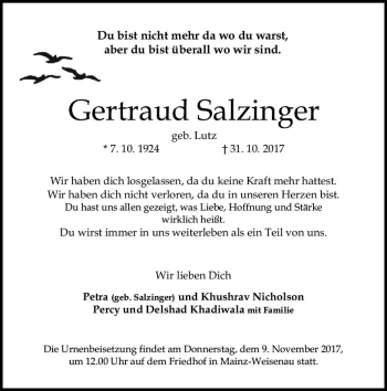 Traueranzeige von Gertraud Salzinger von Trauerportal Rhein Main Presse