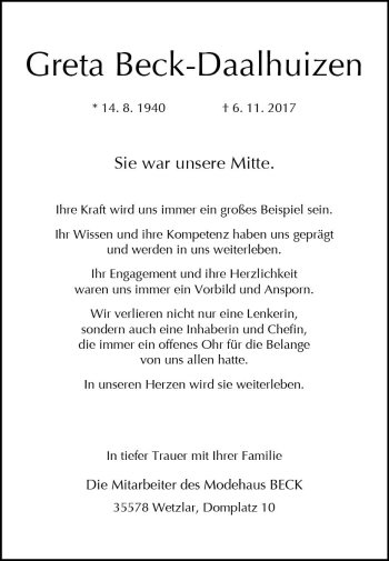 Traueranzeige von Greta Beck-Daalhuizen von  Gießener Anzeiger