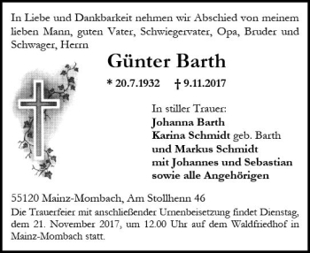 Traueranzeige von Günter Barth von Trauerportal Rhein Main Presse