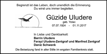 Traueranzeige von Güzide Uludere von Trauerportal Rhein Main Presse