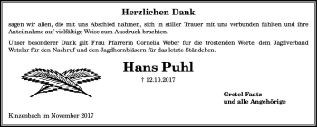 Traueranzeige von Hans Puhl von  Gießener Anzeiger
