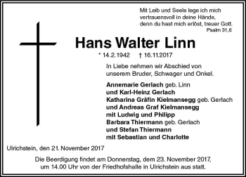 Traueranzeige von Hans Walter Linn von VRM Trauer