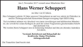 Traueranzeige von Hans Werner Schuppert von Trauerportal Rhein Main Presse