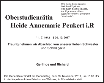 Traueranzeige von Heide Annemarie Peukert von Trauerportal Echo Online