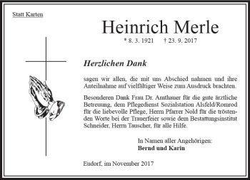 Traueranzeige von Heinrich Merle von VRM Trauer