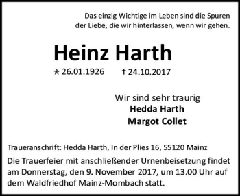 Traueranzeige von Heinz Harth von Trauerportal Rhein Main Presse