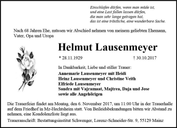 Traueranzeige von Helmut Lausenmeyer von Trauerportal Rhein Main Presse