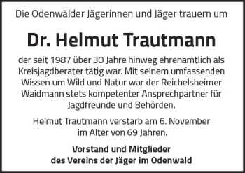 Traueranzeige von Helmut Trautmann von Trauerportal Echo Online