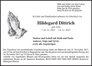 Traueranzeige von Hildegard Dittrich von Trauerportal Echo Online