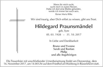 Traueranzeige von Hildegard Praunsmändel von Trauerportal Rhein Main Presse Traueranzeige von Hildegard Praunsmändel von Trauerportal Rhein Main Presse