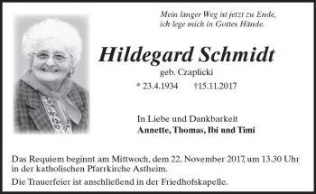 Traueranzeige von Hildegard Schmidt von Trauerportal Rhein Main Presse