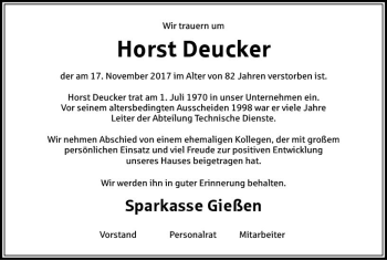 Traueranzeige von Horst Deucker von  Gießener Anzeiger