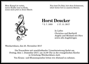 Traueranzeige von Horst Deucker von  Gießener Anzeiger