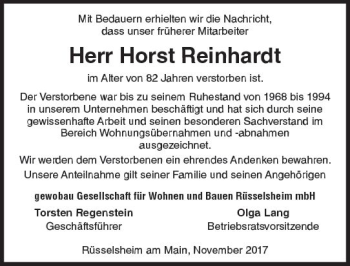 Traueranzeige von Horst Reinhardt von Trauerportal Rhein Main Presse