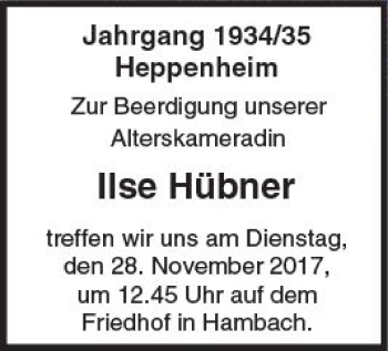 Traueranzeige von Ilse Hübner von Trauerportal Echo Online