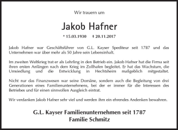 Traueranzeige von Jakob Hafner von Trauerportal Rhein Main Presse