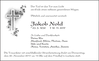 Traueranzeige von Jakob Nold von Trauerportal Echo Online
