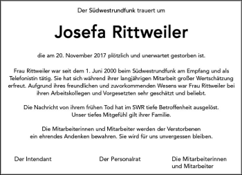 Traueranzeige von Josefa Rittweiler von Trauerportal Rhein Main Presse