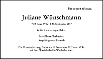Traueranzeige von Juliane Wünschmann von Trauerportal Rhein Main Presse