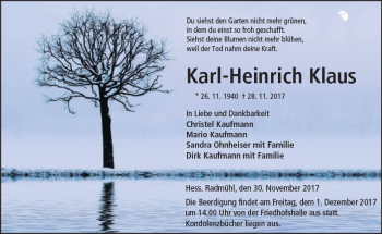 Traueranzeige von Karl-Heinrich Klaus von VRM Trauer