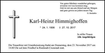 Traueranzeige von Karl-Heinz Himmighoffen von Trauerportal Echo Online