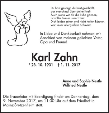 Traueranzeige von Karl Zahn von Trauerportal Rhein Main Presse