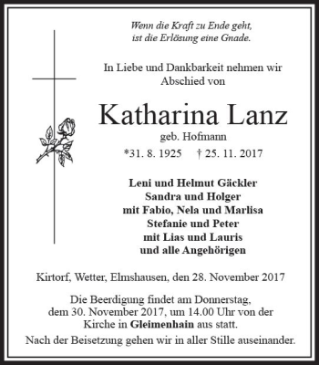 Traueranzeige von Katharina Lanz von VRM Trauer