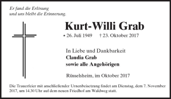Traueranzeige von Kurt-Willi Grab von Trauerportal Rhein Main Presse