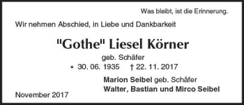 Traueranzeige von Liesel Körner von Trauerportal Echo Online
