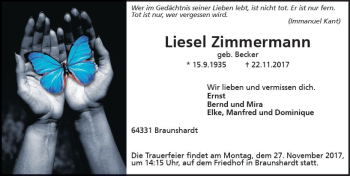 Traueranzeige von Liesel Zimmermann von Trauerportal Echo Online