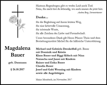 Traueranzeige von Magdalena Bauer von Trauerportal Rhein Main Presse