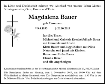 Traueranzeige von Magdalena Bauer von Trauerportal Rhein Main Presse