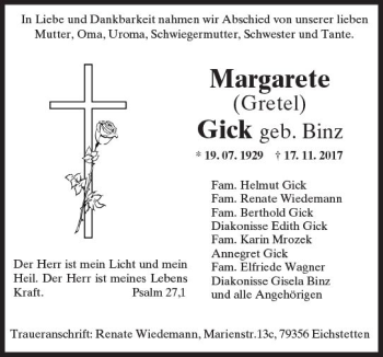 Traueranzeige von Margarete Gick von  Gießener Anzeiger