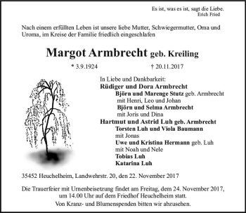 Traueranzeige von Margot Armbrecht von  Gießener Anzeiger