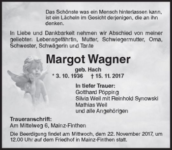 Traueranzeige von Margot Wagner von Trauerportal Rhein Main Presse