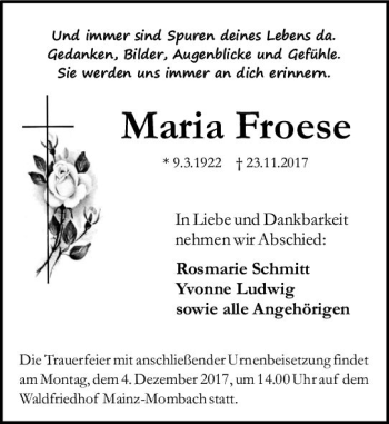 Traueranzeige von Maria Froese von Trauerportal Rhein Main Presse