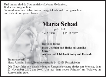 Traueranzeige von Maria Schad von Trauerportal Rhein Main Presse