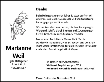 Traueranzeige von Marianne Weil von Trauerportal Rhein Main Presse