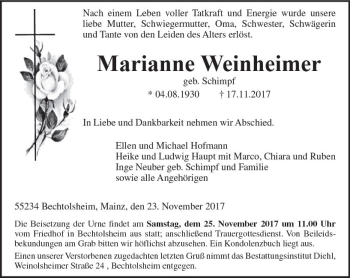 Traueranzeige von Marianne Weinheimer von Trauerportal Rhein Main Presse