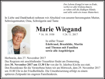 Traueranzeige von Marie Wiegand von VRM Trauer