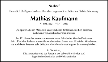 Traueranzeige von Mathias Kaufmann von  Gießener Anzeiger