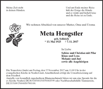 Traueranzeige von Meta Hengstler von Trauerportal Rhein Main Presse