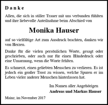 Traueranzeige von Monika Hauser von Trauerportal Rhein Main Presse