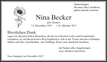 Traueranzeige von Nina Becker von  Usinger Anzeiger Traueranzeige von Nina Becker von  Usinger Anzeiger