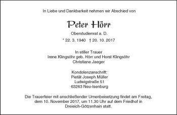 Traueranzeige von Peter Hörr von Trauerportal Rhein Main Presse
